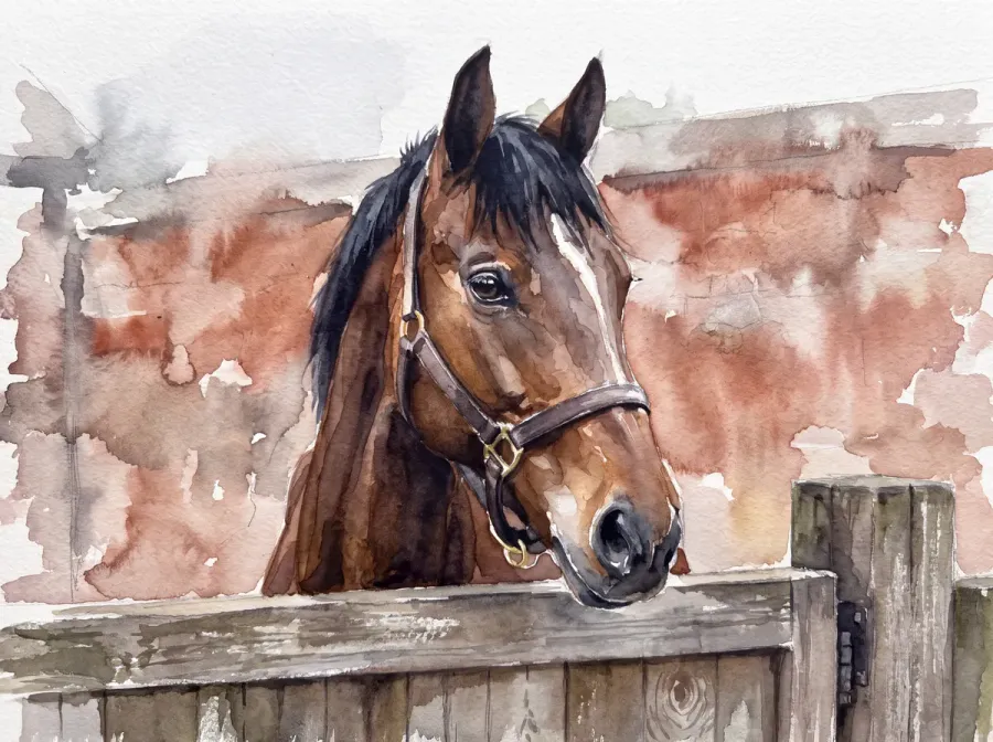 A watercolour portrait of a bay horse with a white blaze looking over a yard gate.